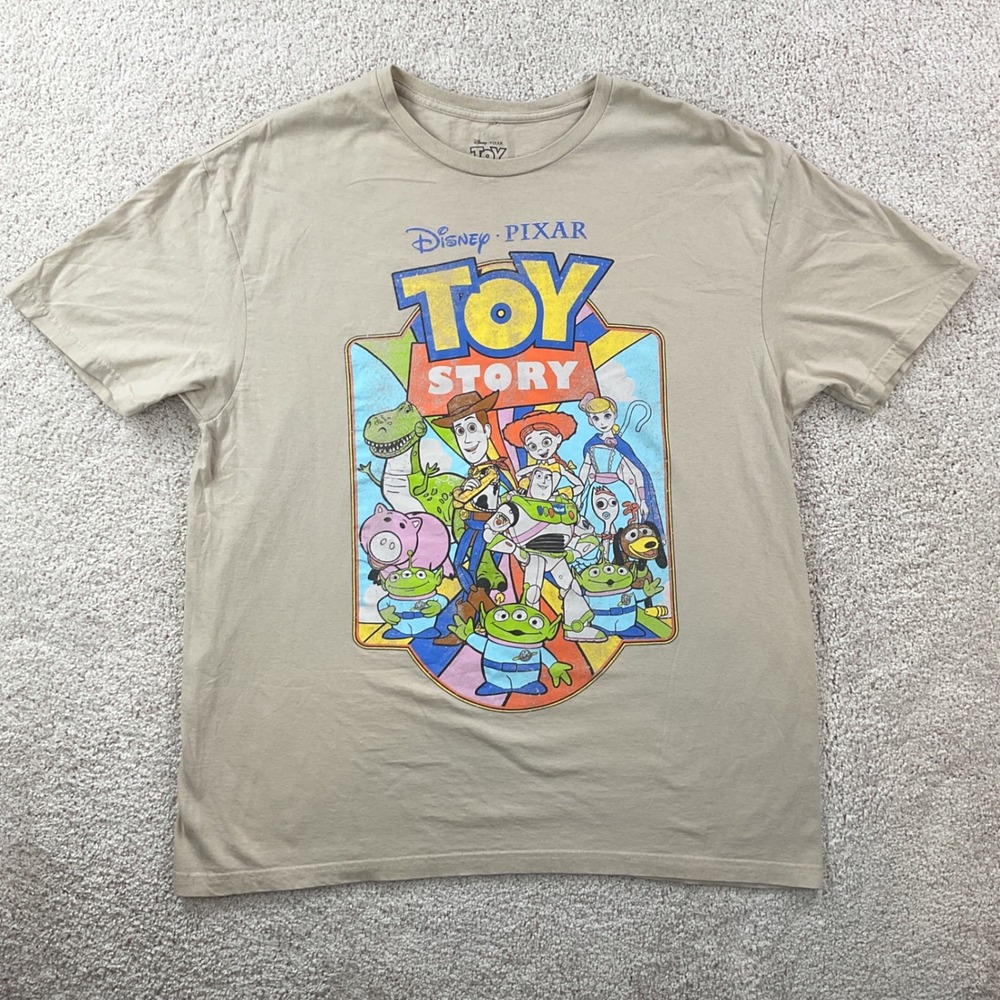 Vintage Disney‎ Pixar Toy Story Mens XL Tan Graphic T-Shirt Woody Buzz Lightyear